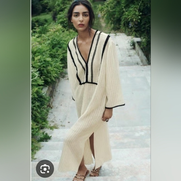 Zara EUC Small Cream Maxi Dress with Black Trim PTP 20 - Picture 1 of 7